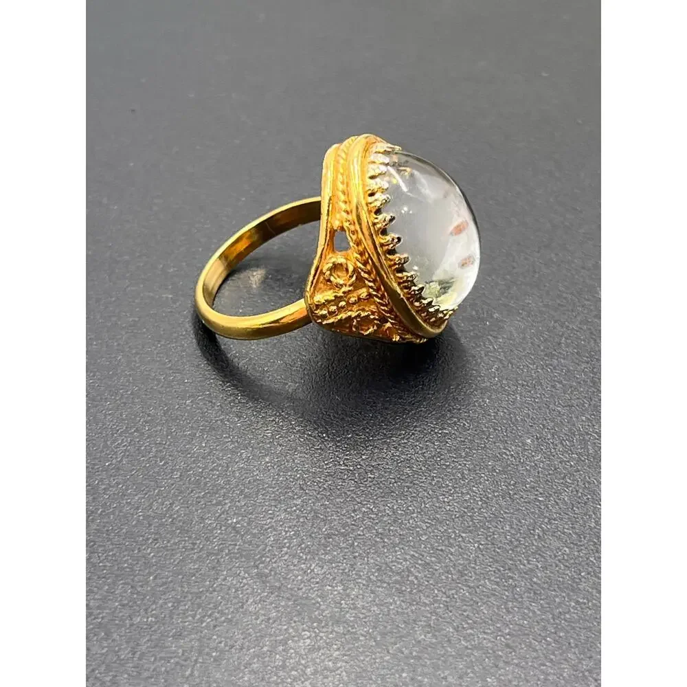 D'Orlan Style Vintage Gray Glass‎ Domed Cabochon Cocktail Ring Gold Plated Sz 7